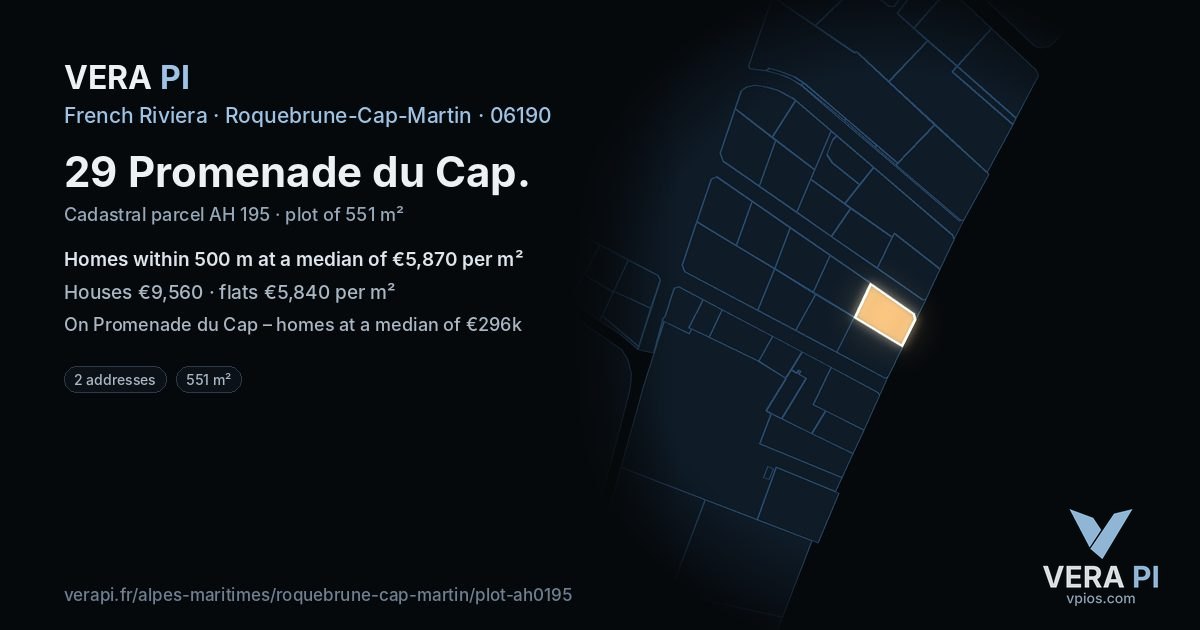 29 Promenade du Cap, Roquebrune-Cap-Martin at night – the plot lit, the parcels around coloured by the prices near them