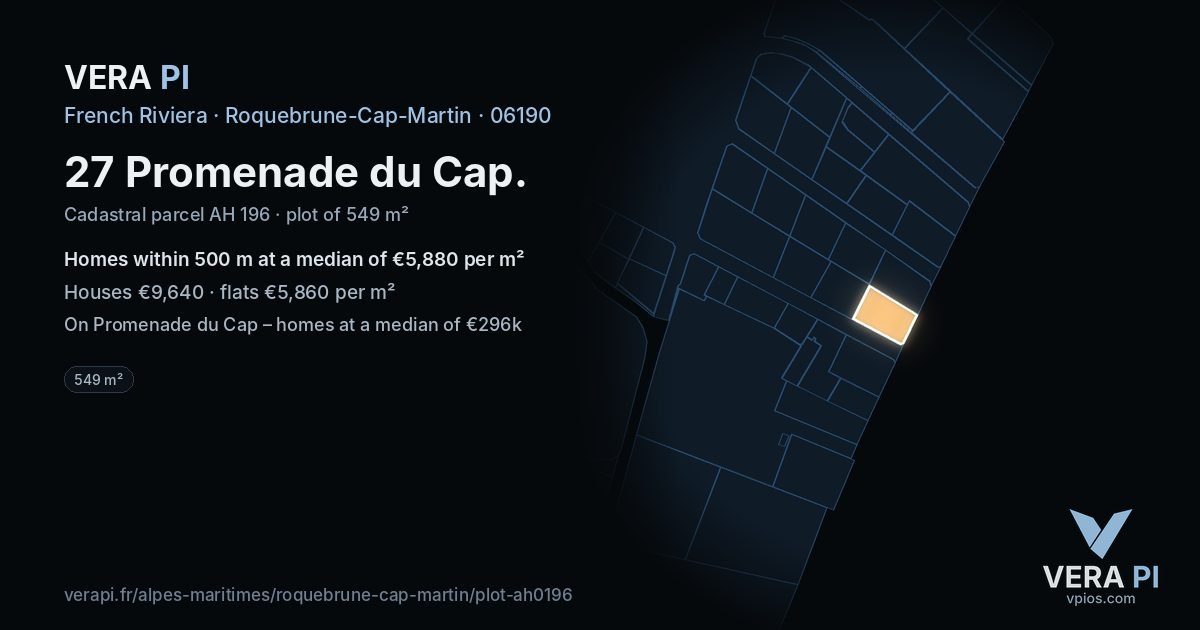 27 Promenade du Cap, Roquebrune-Cap-Martin at night – the plot lit, the parcels around coloured by the prices near them