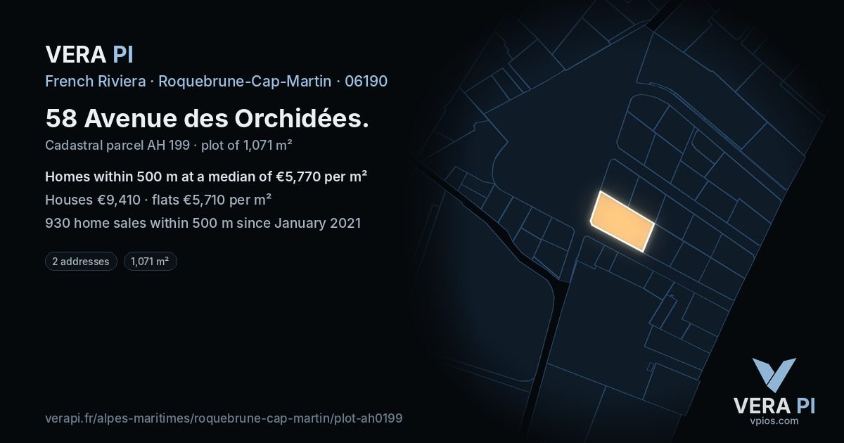 58 Avenue des Orchidées, Roquebrune-Cap-Martin at night – the plot lit, the parcels around coloured by the prices near them