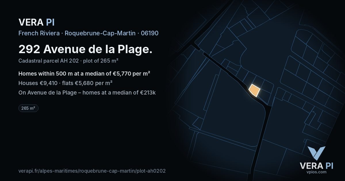 292 Avenue de la Plage, Roquebrune-Cap-Martin at night – the plot lit, the parcels around coloured by the prices near them