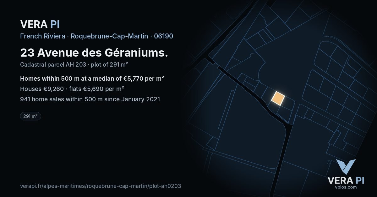 23 Avenue des Géraniums, Roquebrune-Cap-Martin at night – the plot lit, the parcels around coloured by the prices near them