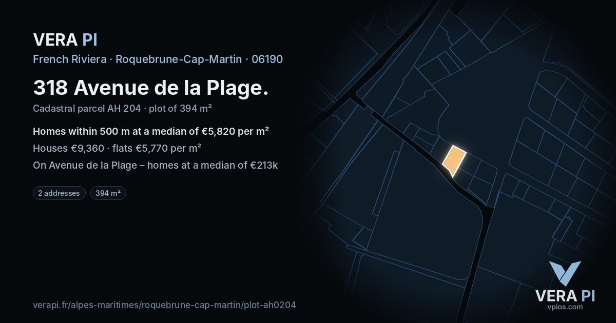 318 Avenue de la Plage, Roquebrune-Cap-Martin at night – the plot lit, the parcels around coloured by the prices near them