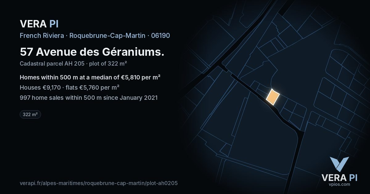 57 Avenue des Géraniums, Roquebrune-Cap-Martin at night – the plot lit, the parcels around coloured by the prices near them