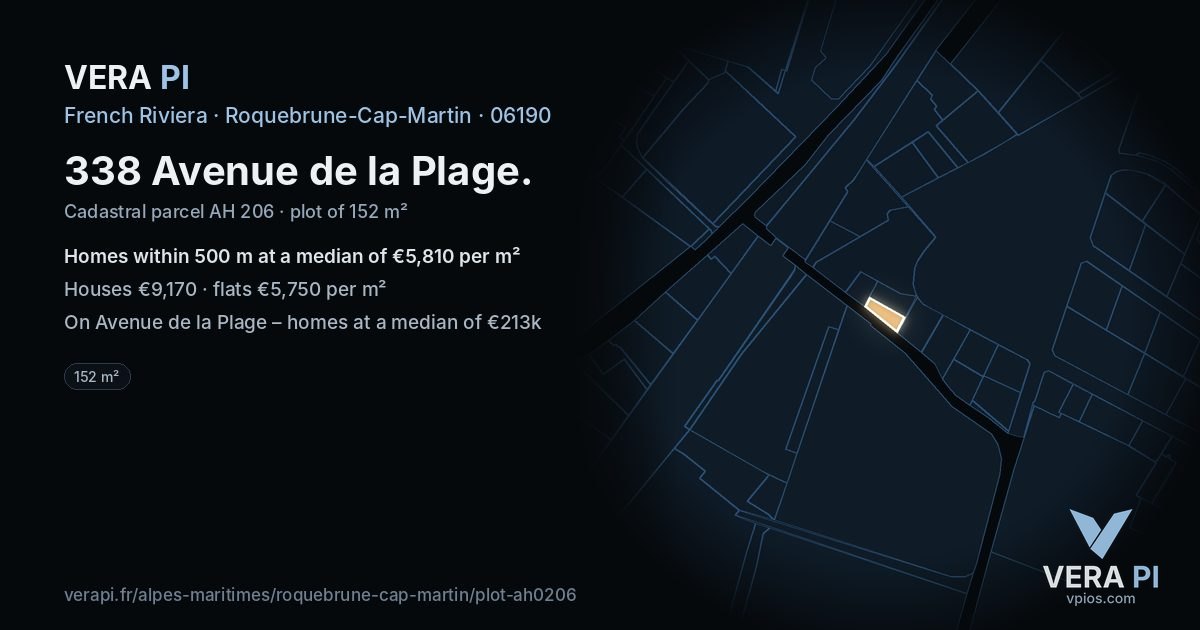 338 Avenue de la Plage, Roquebrune-Cap-Martin at night – the plot lit, the parcels around coloured by the prices near them
