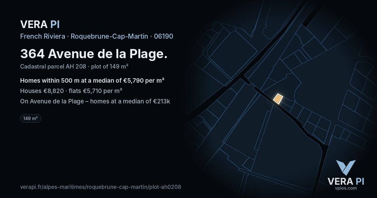 364 Avenue de la Plage, Roquebrune-Cap-Martin at night – the plot lit, the parcels around coloured by the prices near them