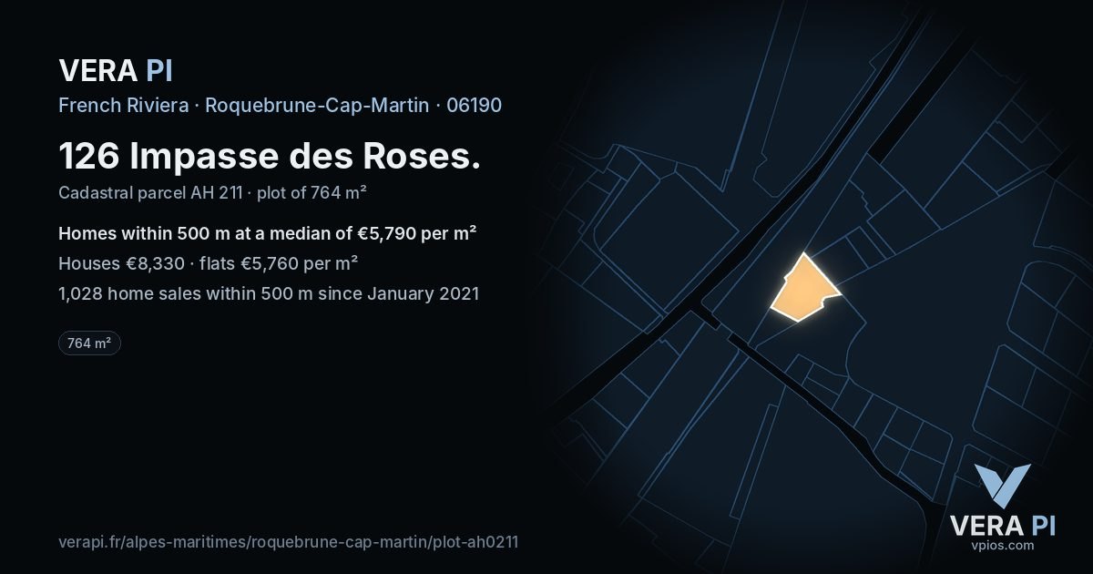 126 Impasse des Roses, Roquebrune-Cap-Martin at night – the plot lit, the parcels around coloured by the prices near them