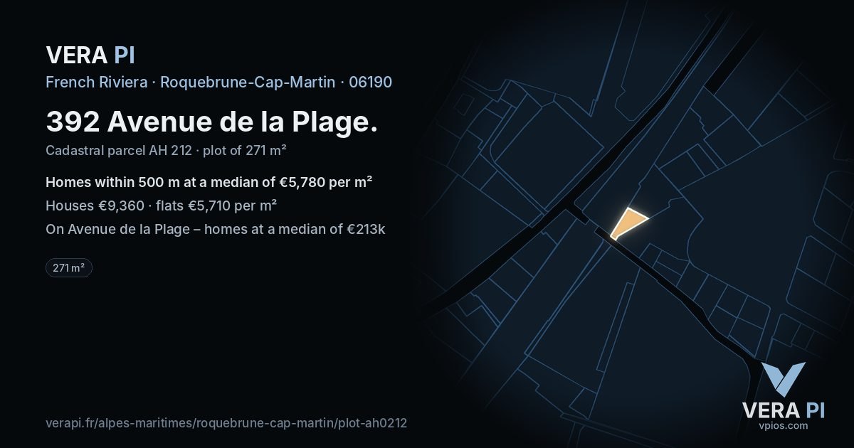 392 Avenue de la Plage, Roquebrune-Cap-Martin at night – the plot lit, the parcels around coloured by the prices near them