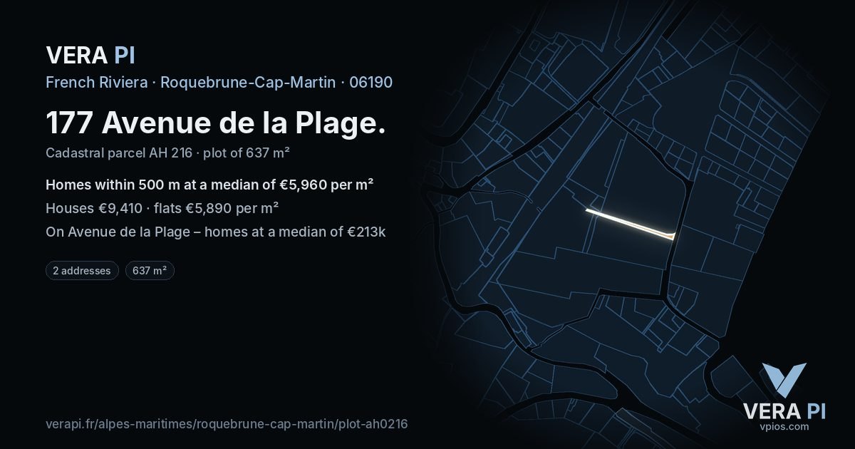 177 Avenue de la Plage, Roquebrune-Cap-Martin at night – the plot lit, the parcels around coloured by the prices near them