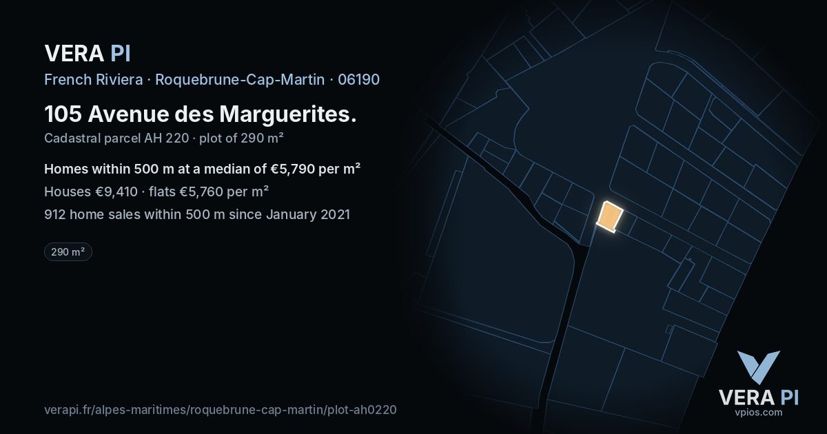 105 Avenue des Marguerites, Roquebrune-Cap-Martin at night – the plot lit, the parcels around coloured by the prices near them