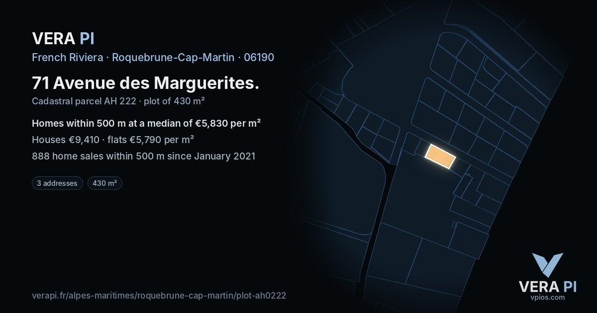 71 Avenue des Marguerites, Roquebrune-Cap-Martin at night – the plot lit, the parcels around coloured by the prices near them