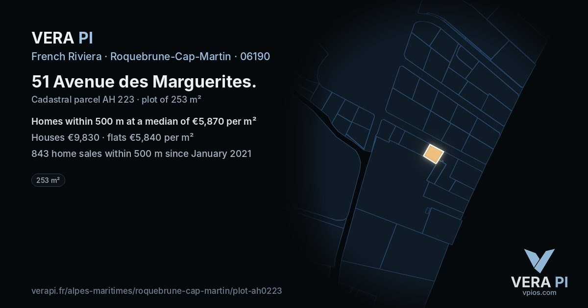51 Avenue des Marguerites, Roquebrune-Cap-Martin at night – the plot lit, the parcels around coloured by the prices near them