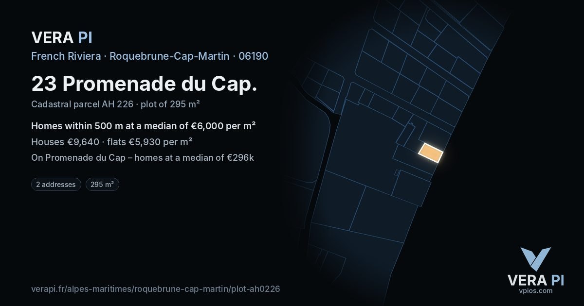 23 Promenade du Cap, Roquebrune-Cap-Martin at night – the plot lit, the parcels around coloured by the prices near them
