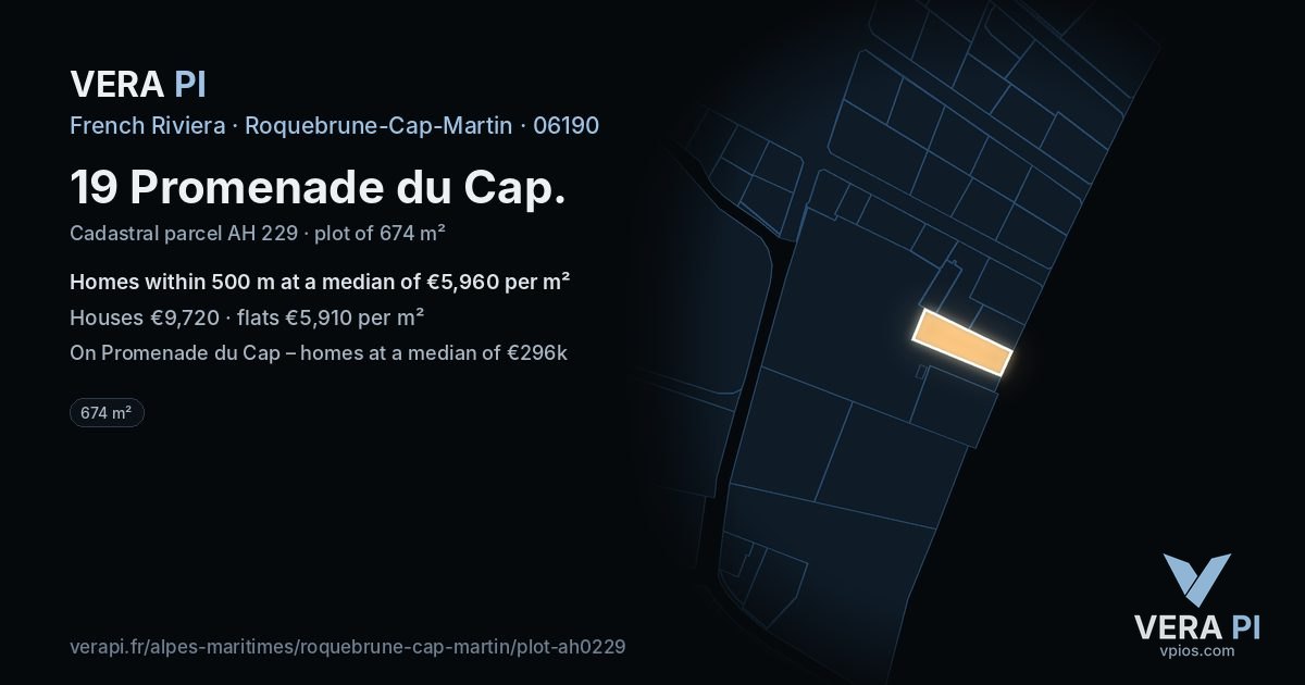19 Promenade du Cap, Roquebrune-Cap-Martin at night – the plot lit, the parcels around coloured by the prices near them
