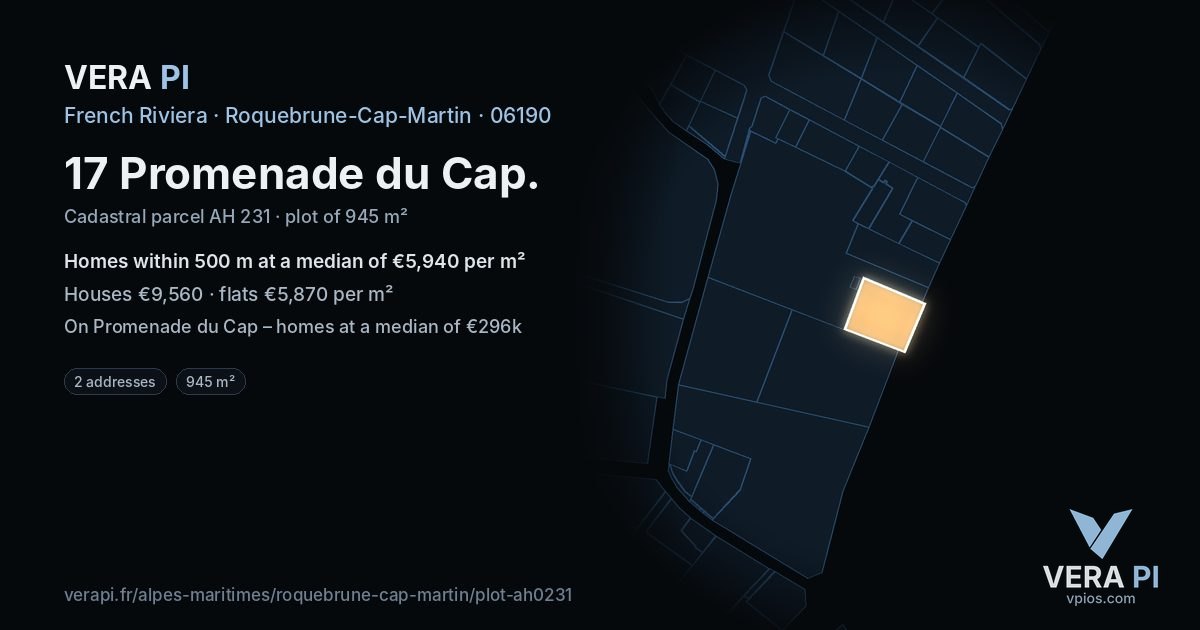 17 Promenade du Cap, Roquebrune-Cap-Martin at night – the plot lit, the parcels around coloured by the prices near them