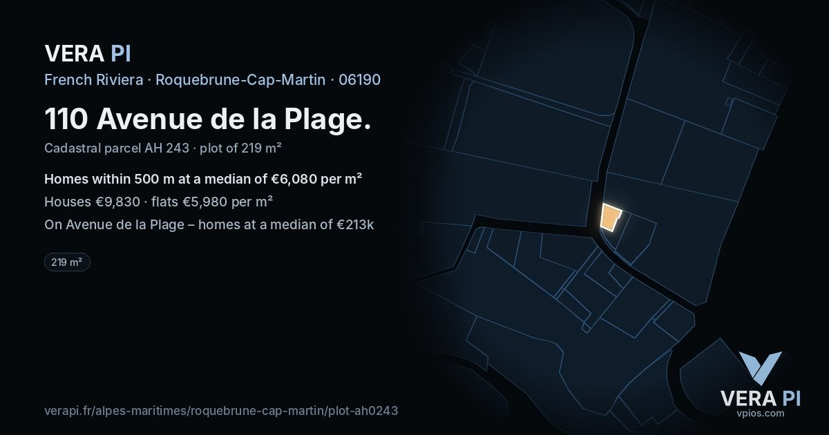 110 Avenue de la Plage, Roquebrune-Cap-Martin at night – the plot lit, the parcels around coloured by the prices near them