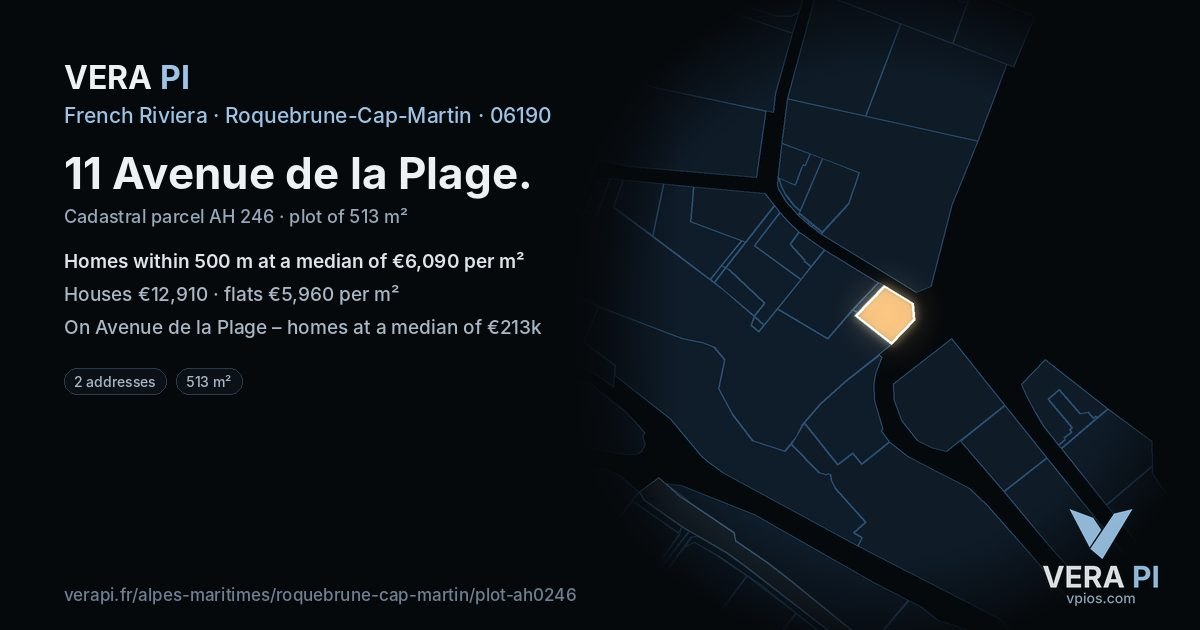 11 Avenue de la Plage, Roquebrune-Cap-Martin at night – the plot lit, the parcels around coloured by the prices near them