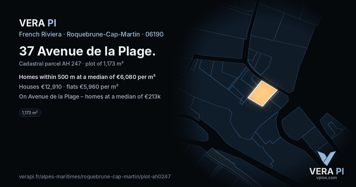 37 Avenue de la Plage, Roquebrune-Cap-Martin at night – the plot lit, the parcels around coloured by the prices near them