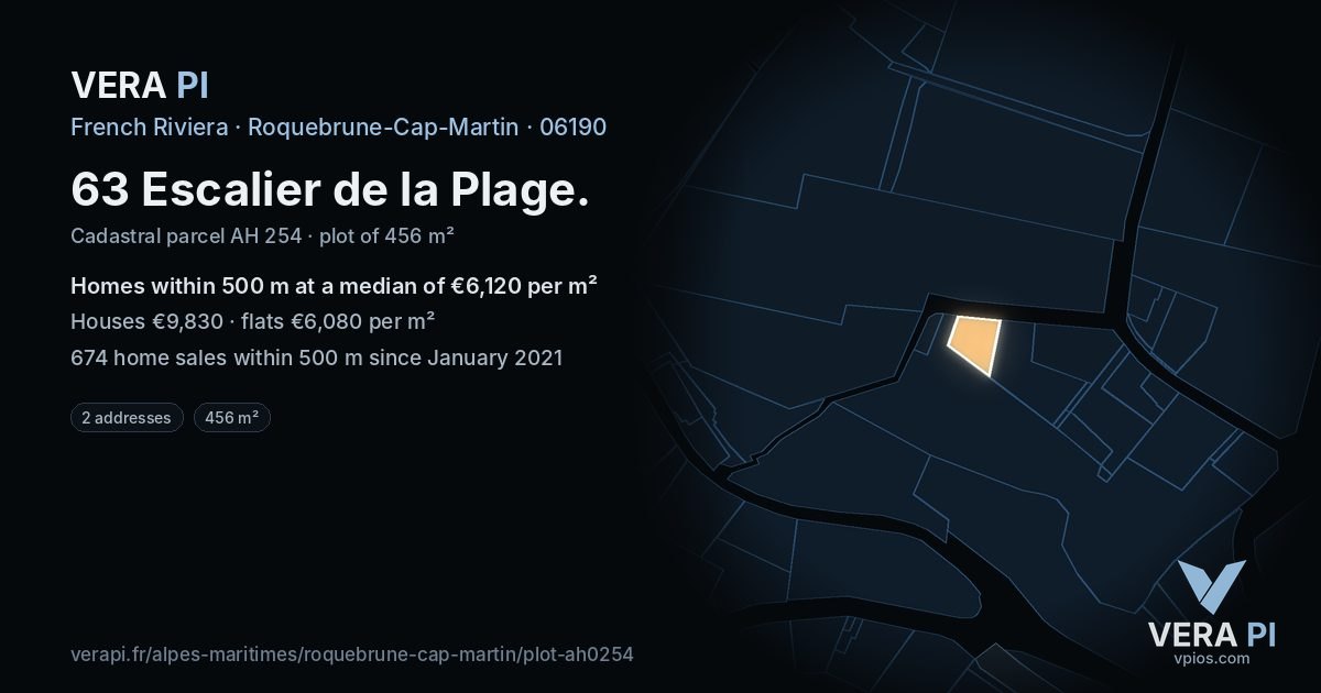 63 Escalier de la Plage, Roquebrune-Cap-Martin at night – the plot lit, the parcels around coloured by the prices near them