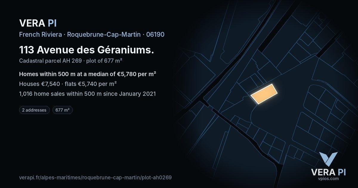 113 Avenue des Géraniums, Roquebrune-Cap-Martin at night – the plot lit, the parcels around coloured by the prices near them