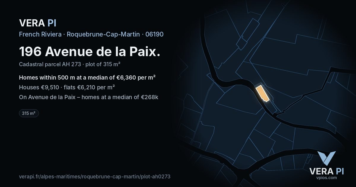 196 Avenue de la Paix, Roquebrune-Cap-Martin at night – the plot lit, the parcels around coloured by the prices near them