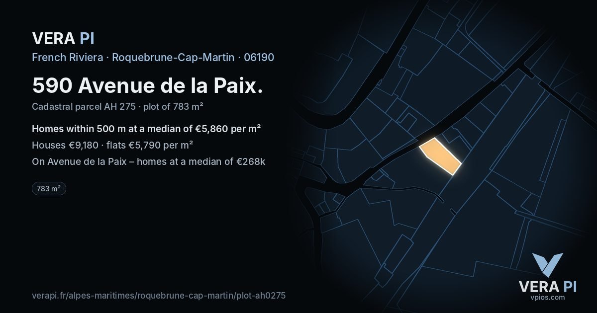 590 Avenue de la Paix, Roquebrune-Cap-Martin at night – the plot lit, the parcels around coloured by the prices near them