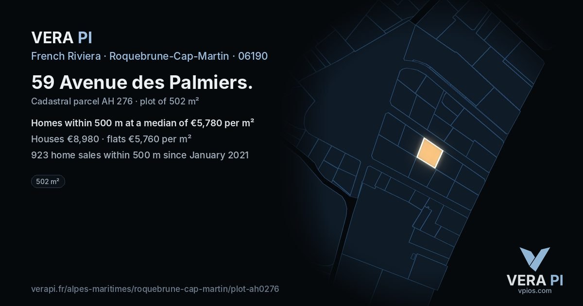 59 Avenue des Palmiers, Roquebrune-Cap-Martin at night – the plot lit, the parcels around coloured by the prices near them