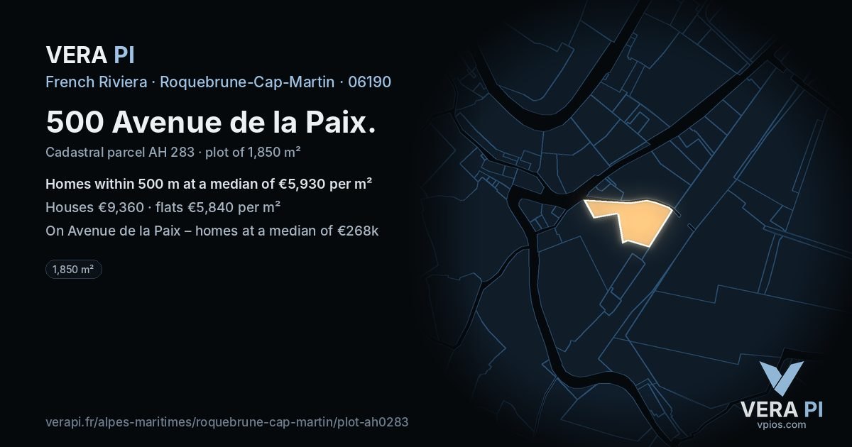 500 Avenue de la Paix, Roquebrune-Cap-Martin at night – the plot lit, the parcels around coloured by the prices near them