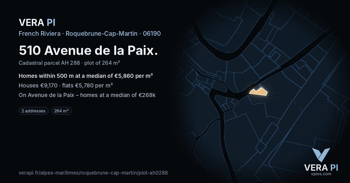 510 Avenue de la Paix, Roquebrune-Cap-Martin at night – the plot lit, the parcels around coloured by the prices near them