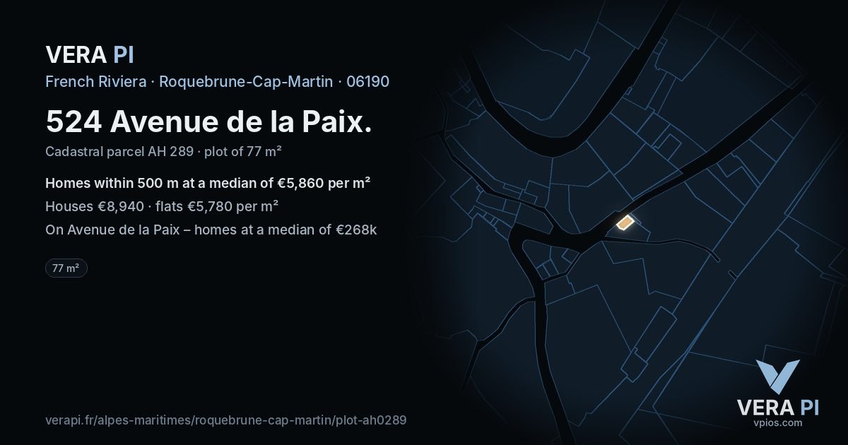 524 Avenue de la Paix, Roquebrune-Cap-Martin at night – the plot lit, the parcels around coloured by the prices near them