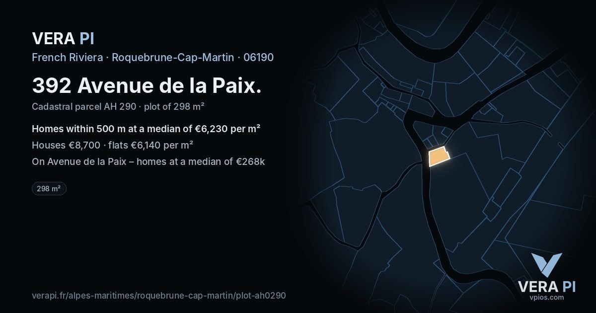 392 Avenue de la Paix, Roquebrune-Cap-Martin at night – the plot lit, the parcels around coloured by the prices near them