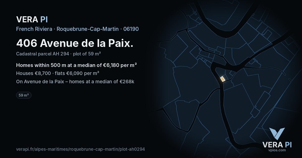 406 Avenue de la Paix, Roquebrune-Cap-Martin at night – the plot lit, the parcels around coloured by the prices near them