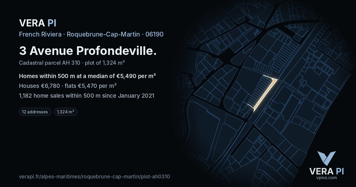 3 Avenue Profondeville, Roquebrune-Cap-Martin at night – the plot lit, the parcels around coloured by the prices near them