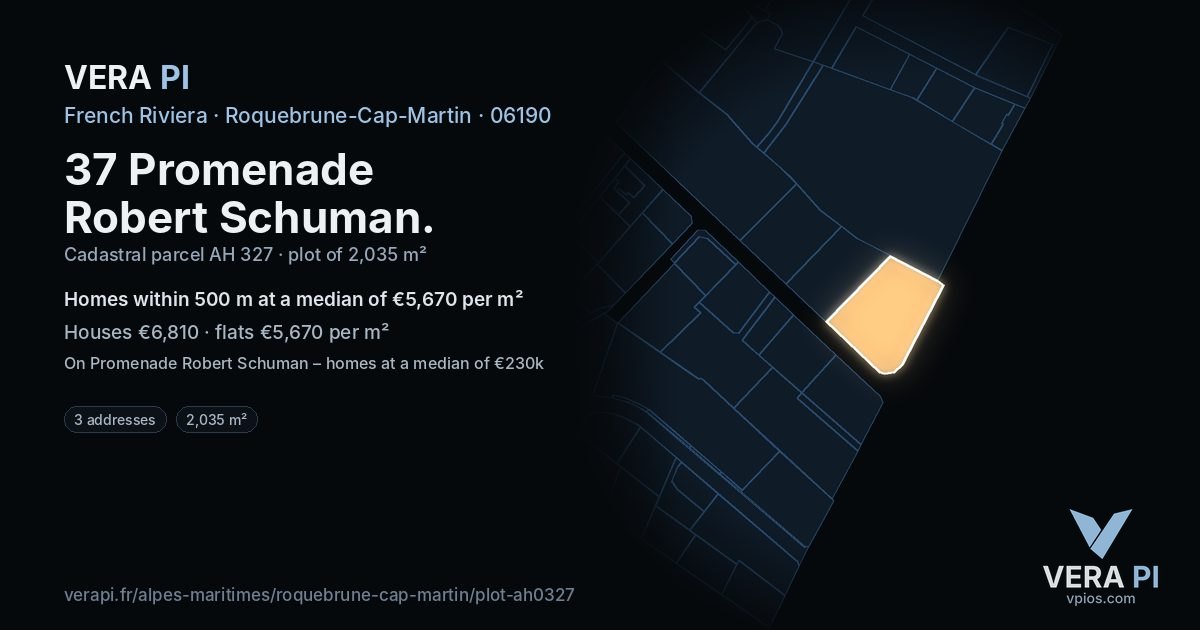 37 Promenade Robert Schuman, Roquebrune-Cap-Martin at night – the plot lit, the parcels around coloured by the prices near them