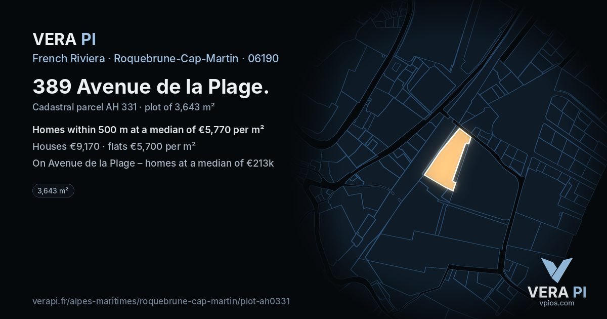 389 Avenue de la Plage, Roquebrune-Cap-Martin at night – the plot lit, the parcels around coloured by the prices near them