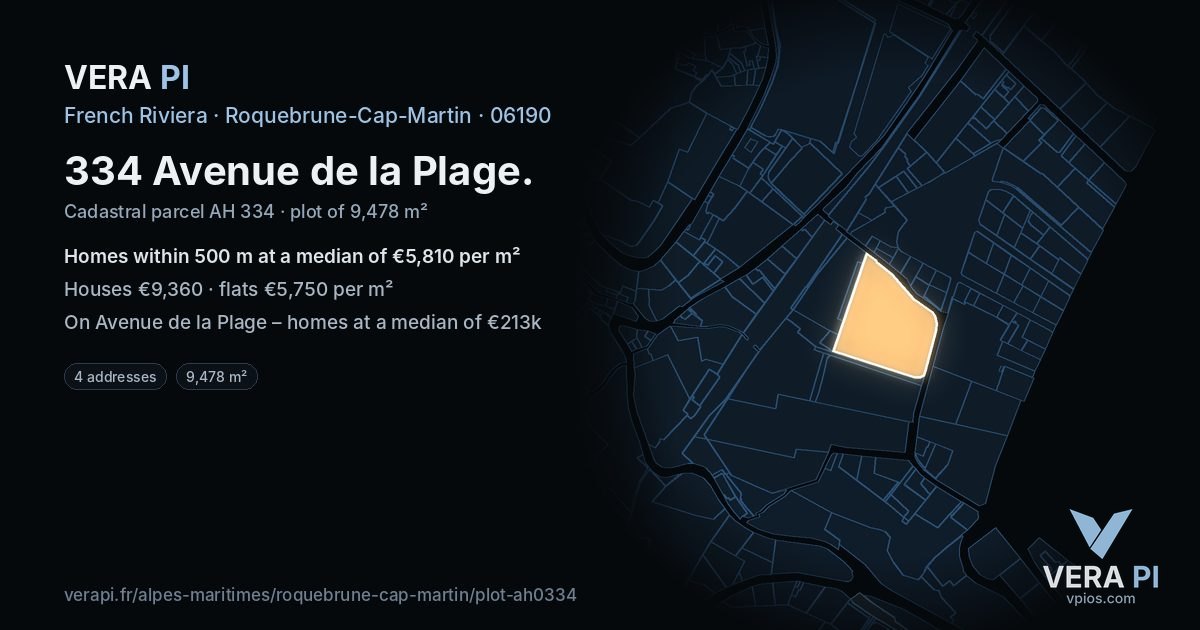 334 Avenue de la Plage, Roquebrune-Cap-Martin at night – the plot lit, the parcels around coloured by the prices near them