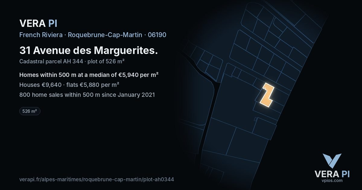 31 Avenue des Marguerites, Roquebrune-Cap-Martin at night – the plot lit, the parcels around coloured by the prices near them