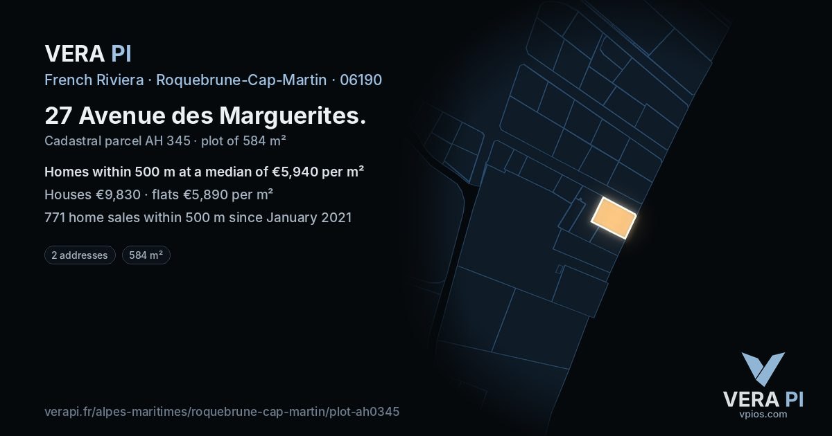 27 Avenue des Marguerites, Roquebrune-Cap-Martin at night – the plot lit, the parcels around coloured by the prices near them