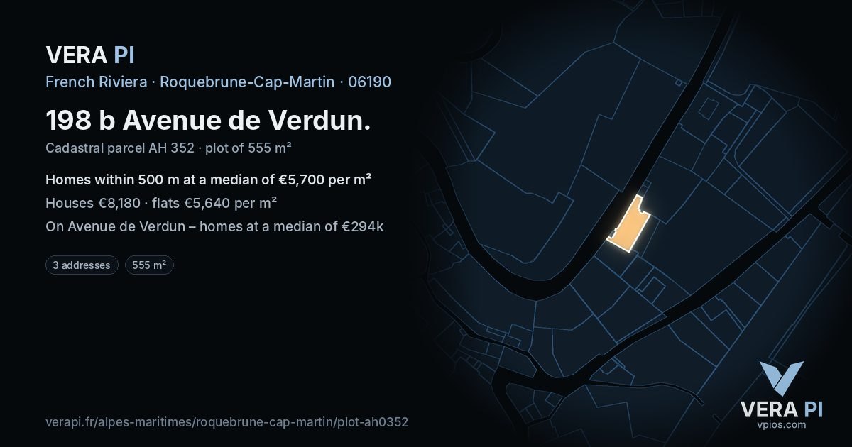198 b Avenue de Verdun, Roquebrune-Cap-Martin at night – the plot lit, the parcels around coloured by the prices near them