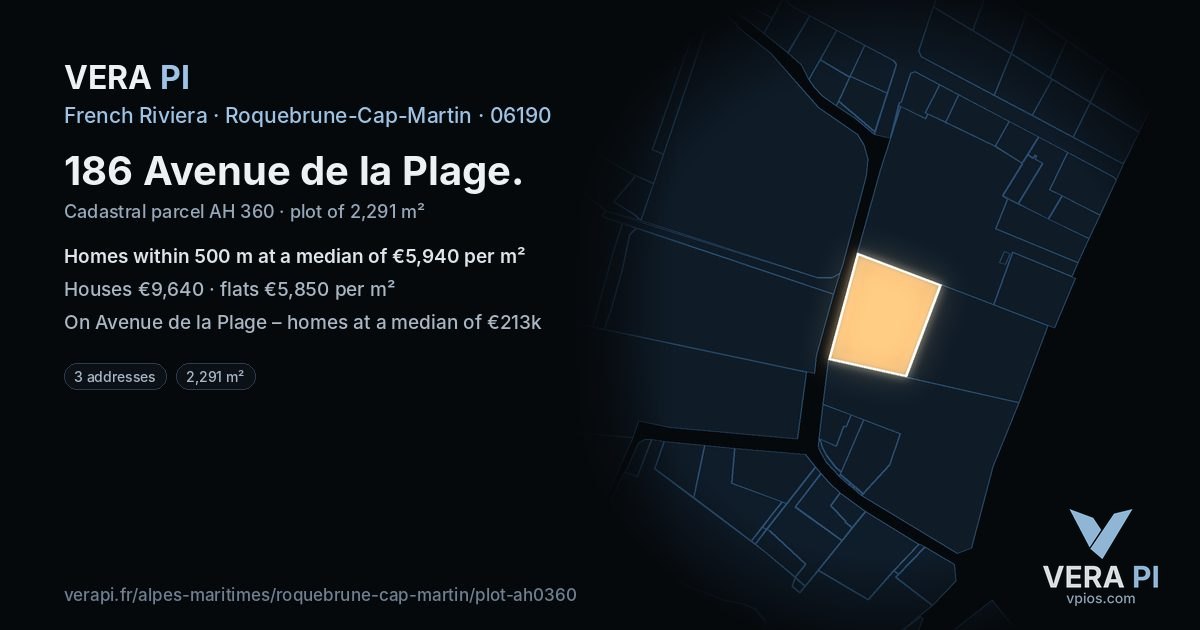 186 Avenue de la Plage, Roquebrune-Cap-Martin at night – the plot lit, the parcels around coloured by the prices near them