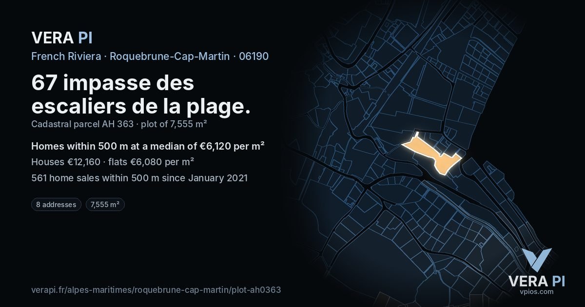 67 impasse des escaliers de la plage, Roquebrune-Cap-Martin at night – the plot lit, the parcels around coloured by the prices near them