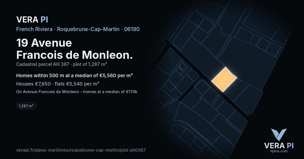 19 Avenue Francois de Monleon, Roquebrune-Cap-Martin at night – the plot lit, the parcels around coloured by the prices near them