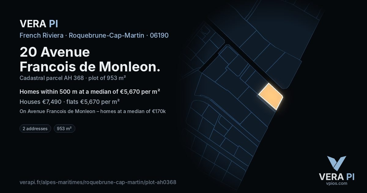 20 Avenue Francois de Monleon, Roquebrune-Cap-Martin at night – the plot lit, the parcels around coloured by the prices near them