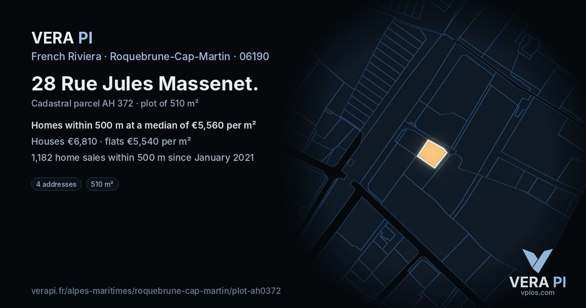 28 Rue Jules Massenet, Roquebrune-Cap-Martin at night – the plot lit, the parcels around coloured by the prices near them