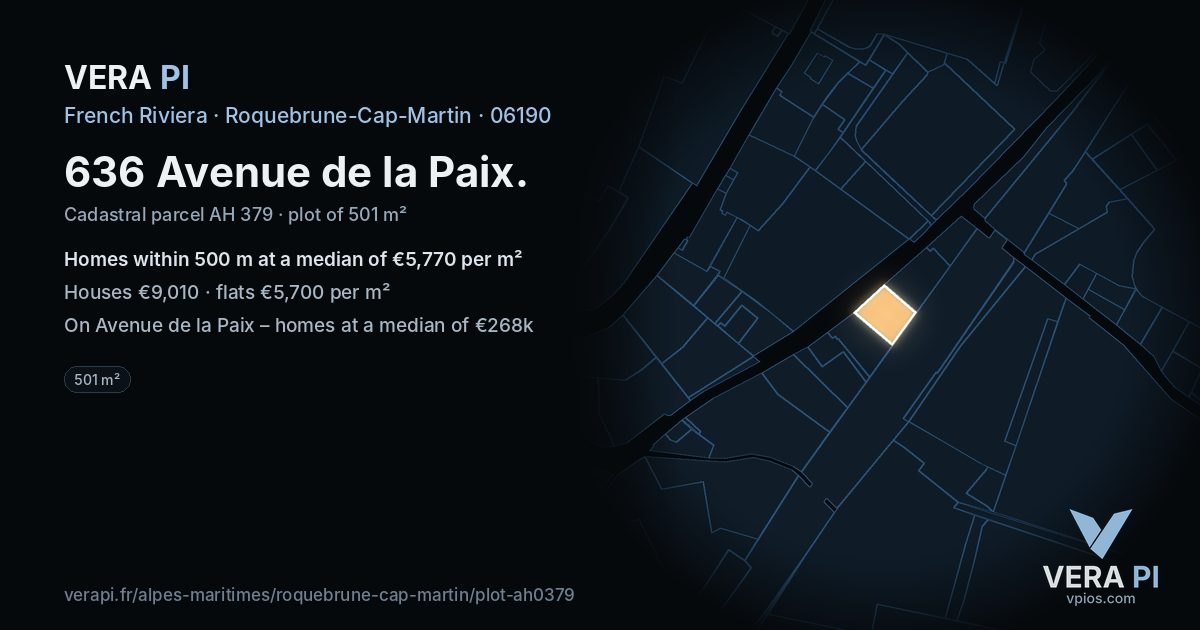 636 Avenue de la Paix, Roquebrune-Cap-Martin at night – the plot lit, the parcels around coloured by the prices near them