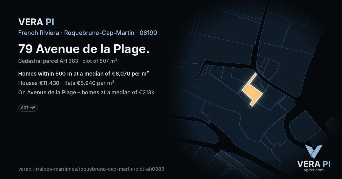 79 Avenue de la Plage, Roquebrune-Cap-Martin at night – the plot lit, the parcels around coloured by the prices near them