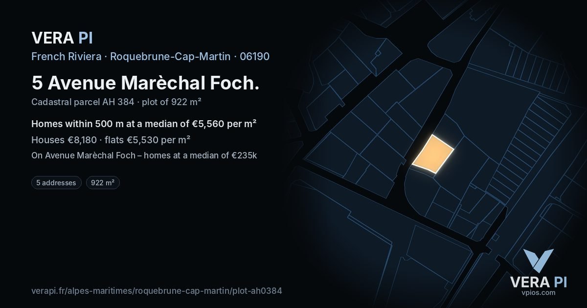 5 Avenue Marèchal Foch, Roquebrune-Cap-Martin at night – the plot lit, the parcels around coloured by the prices near them