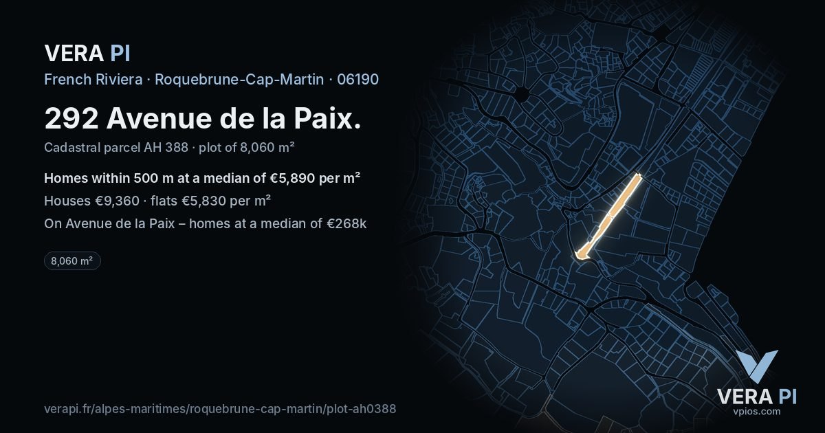 292 Avenue de la Paix, Roquebrune-Cap-Martin at night – the plot lit, the parcels around coloured by the prices near them