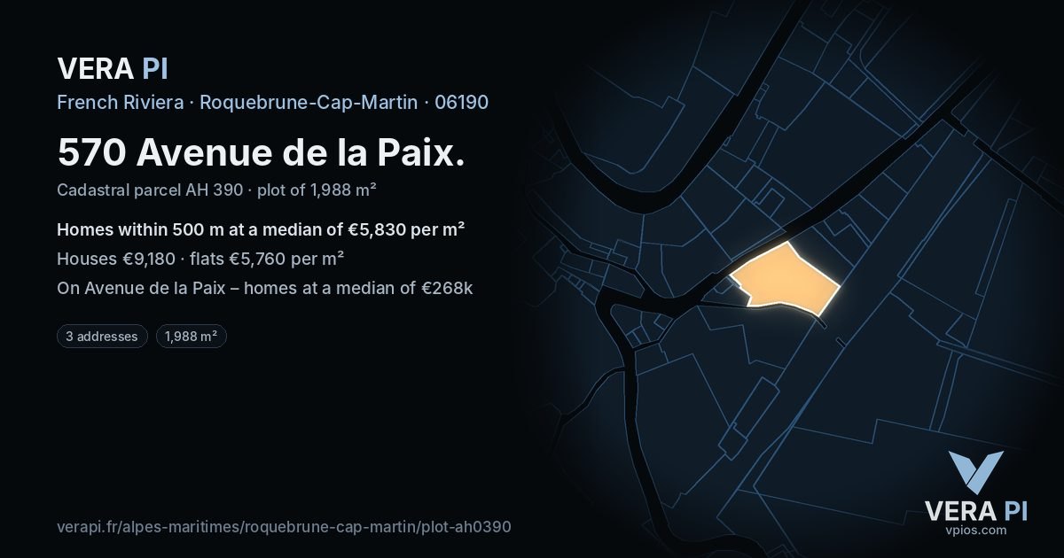 570 Avenue de la Paix, Roquebrune-Cap-Martin at night – the plot lit, the parcels around coloured by the prices near them