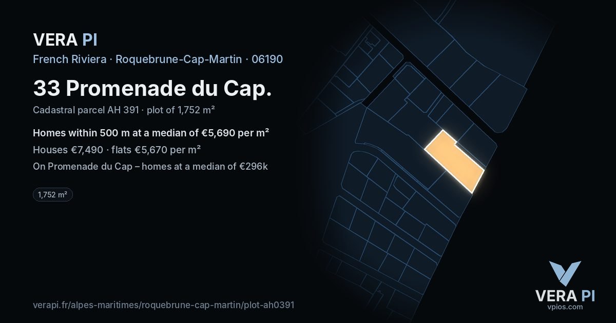 33 Promenade du Cap, Roquebrune-Cap-Martin at night – the plot lit, the parcels around coloured by the prices near them