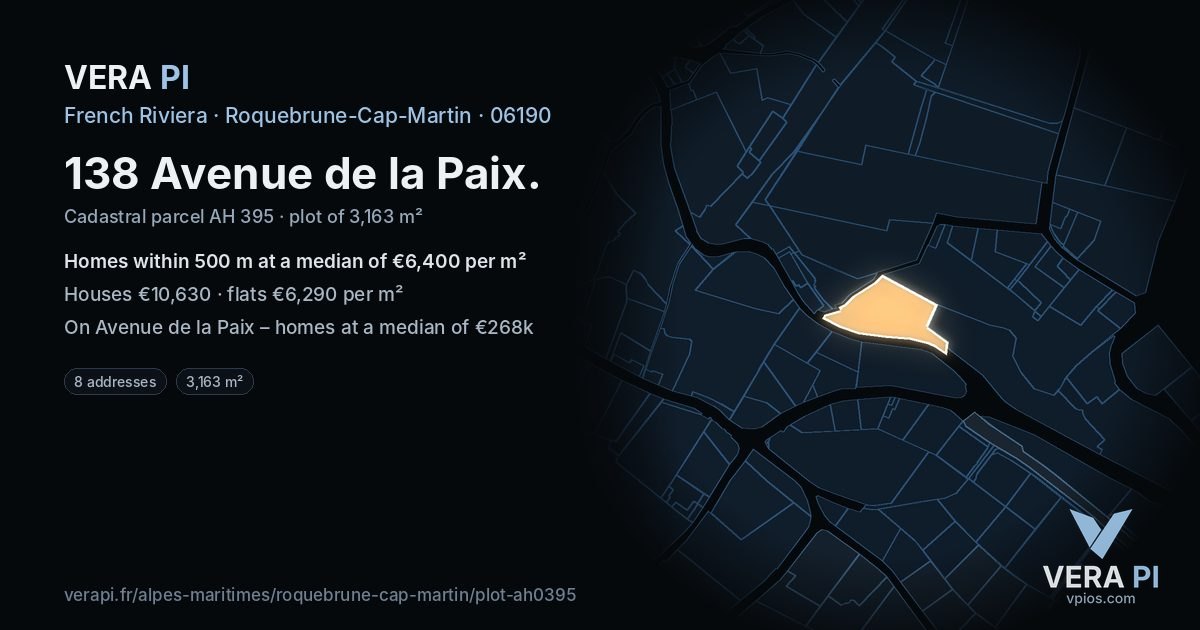 138 Avenue de la Paix, Roquebrune-Cap-Martin at night – the plot lit, the parcels around coloured by the prices near them